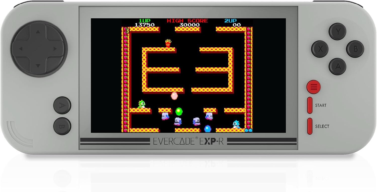 Console Evercade EXP-R grise vue de face, avec Bubble Bobble à lécran