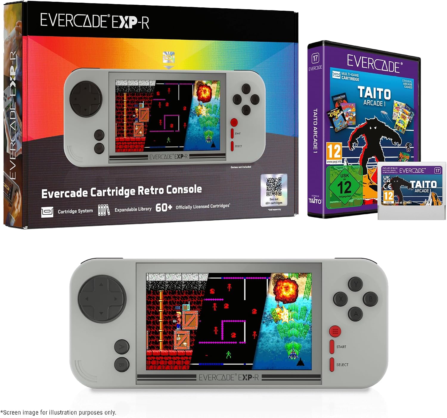 Visuel de lEvercade EXP-R : boîte, boîtier Taito Arcade 1, cartouche et console vue de face