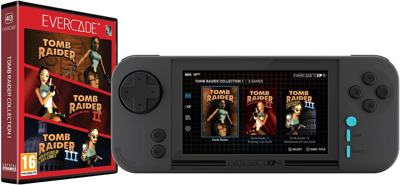 Boîtier Tomb Raider Collection 1 à côté de lEvercade EXP-R anthracite, menu des trois jeux à lécran