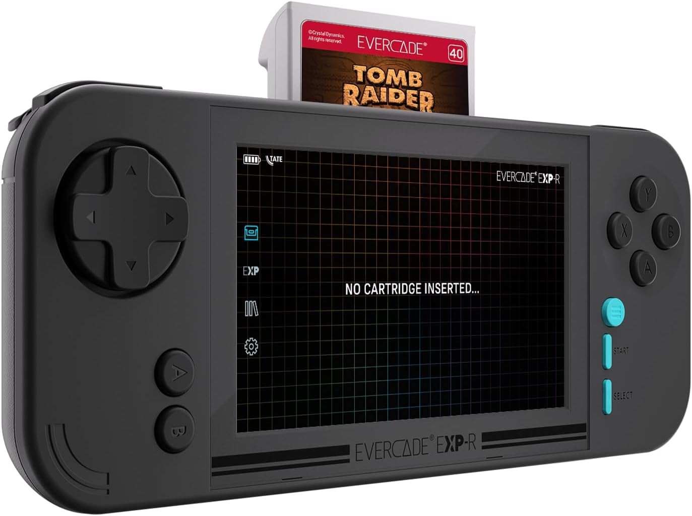 Evercade EXP-R anthracite vue de trois quarts, cartouche Tomb Raider insérée par le dessus