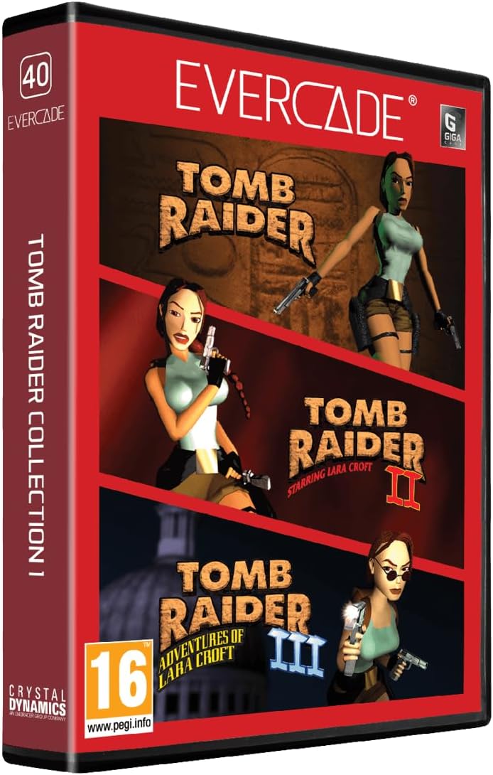 Boîtier de la cartouche Evercade Tomb Raider Collection 1, numéro 40, classé PEGI 16