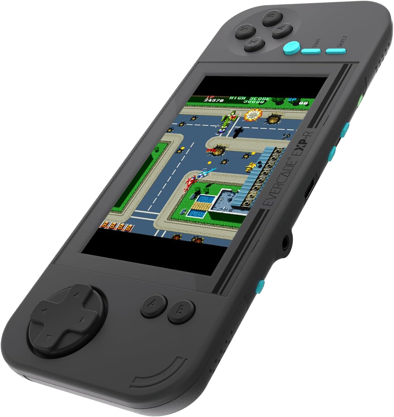Evercade EXP-R en mode TATE vue de biais, jeu de tir à lécran, prise casque et port USB-C sur la tranche