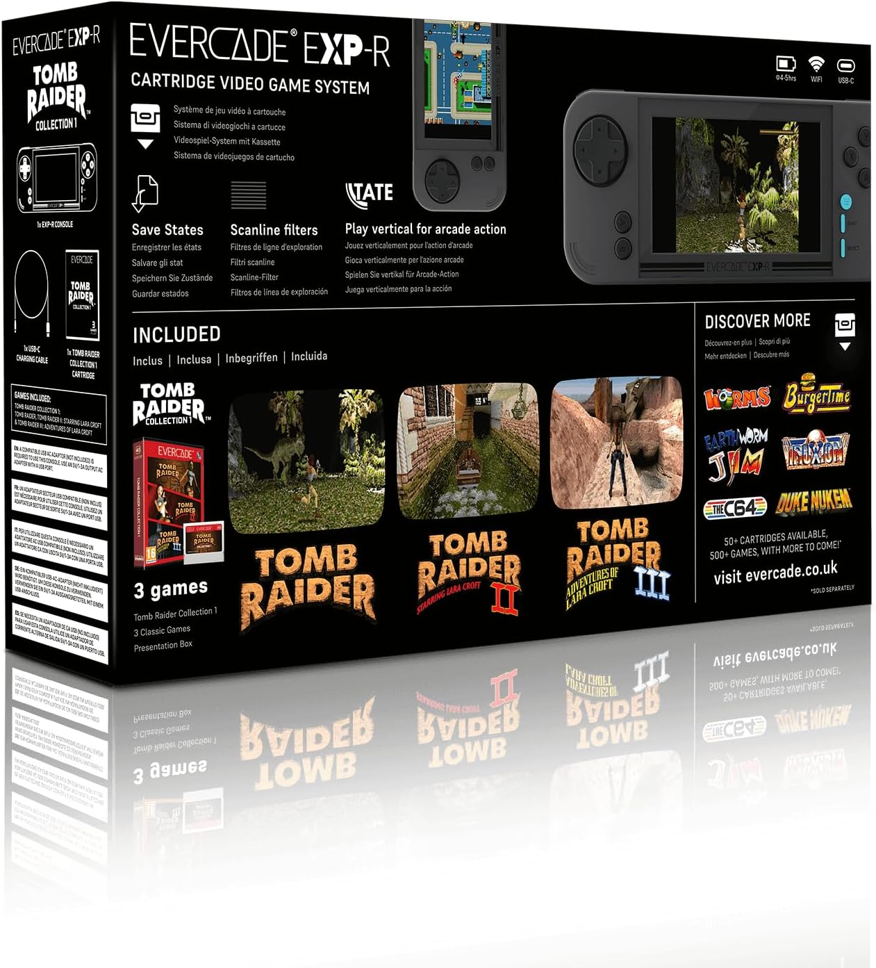 Dos de la boîte : fonctions de la console et contenu, dont la cartouche Tomb Raider Collection 1