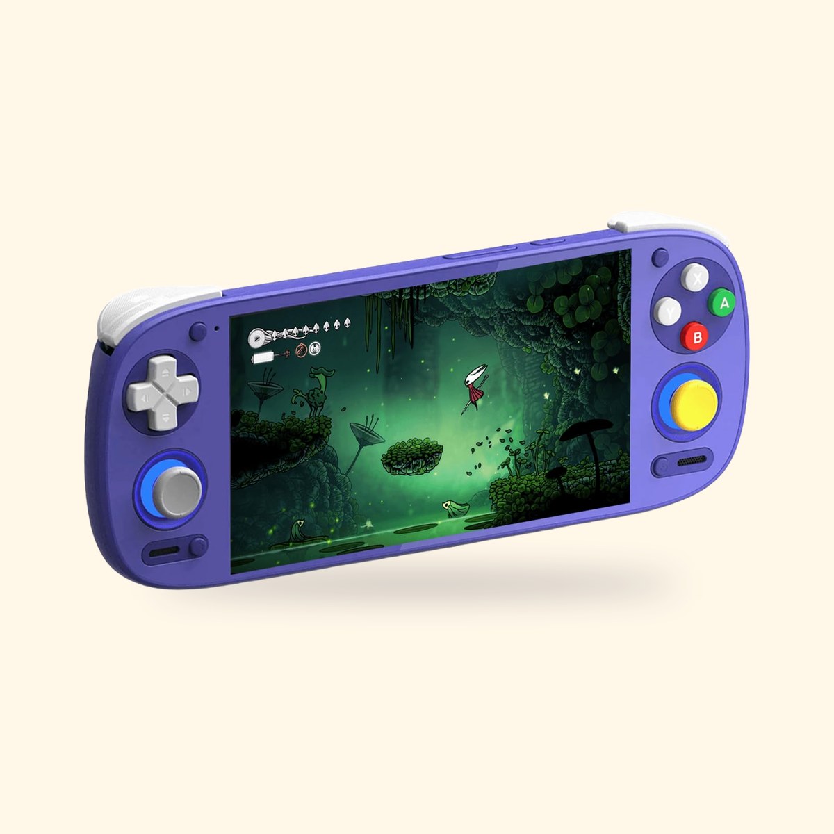 Console Retroid Pocket 5 violette, coloris GC, vue de trois quarts, sur fond crème