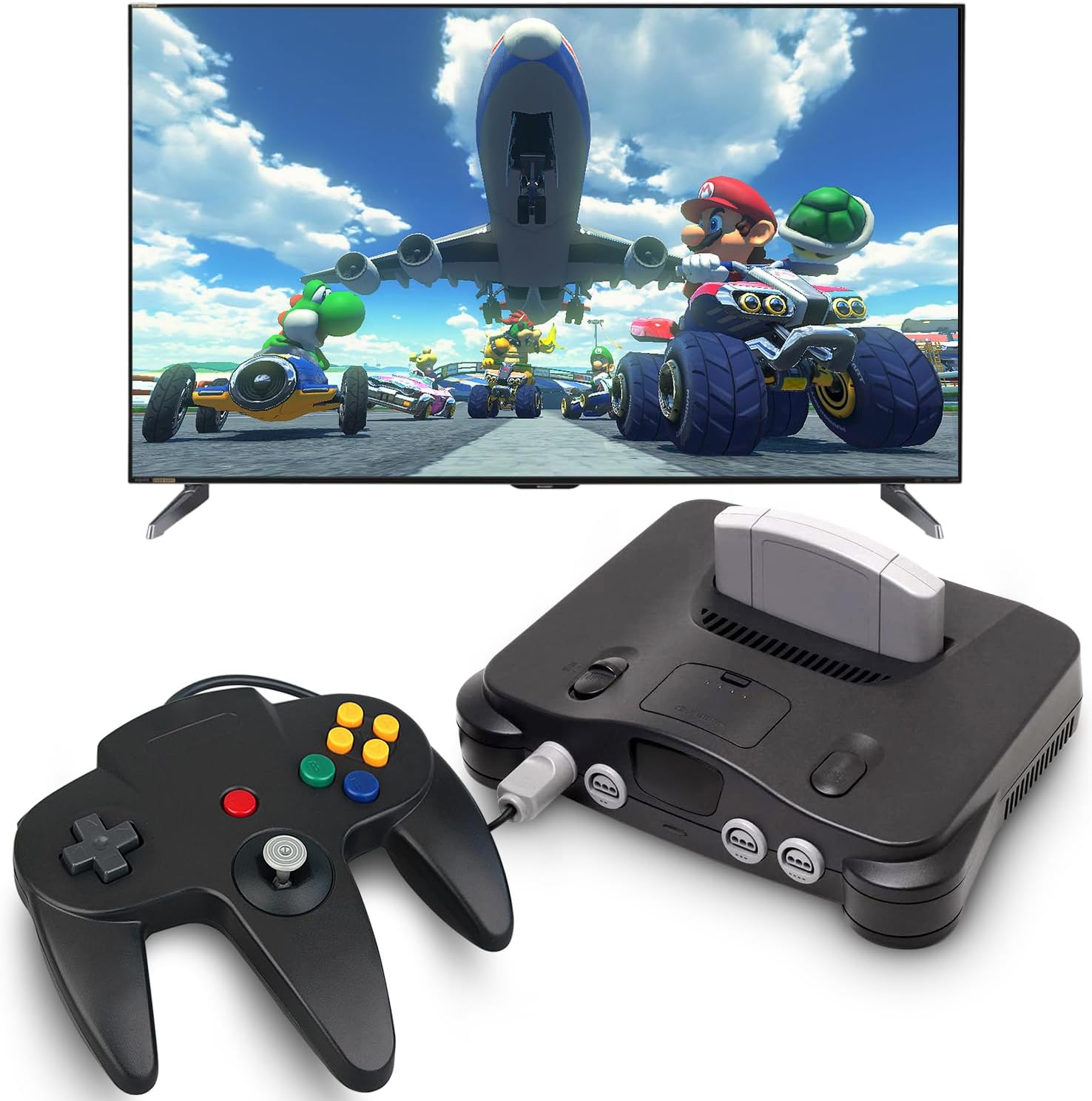 Manette OSTENT noire branchée sur une Nintendo 64, un jeu de kart à lécran