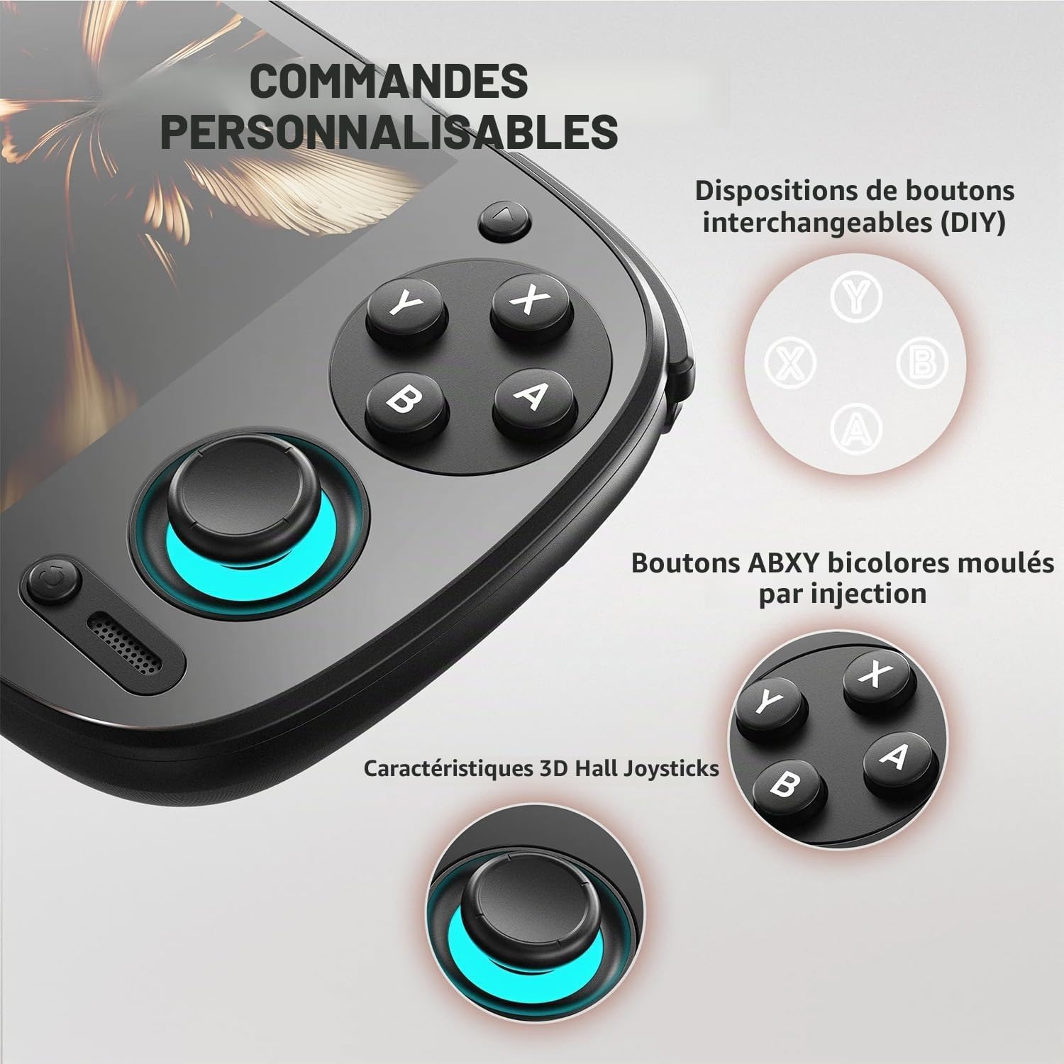 Gros plan sur les commandes : boutons ABXY interchangeables et sticks 3D à effet Hall