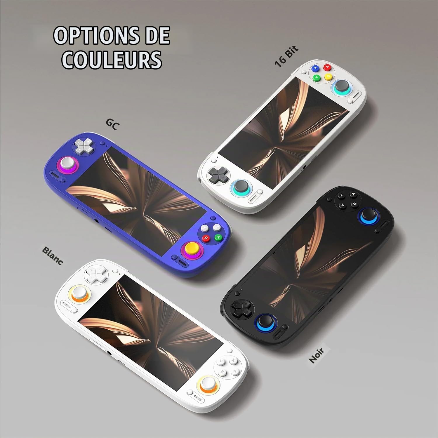 Les quatre coloris de la Retroid Pocket 5 : GC violet, 16 Bit, blanc et noir