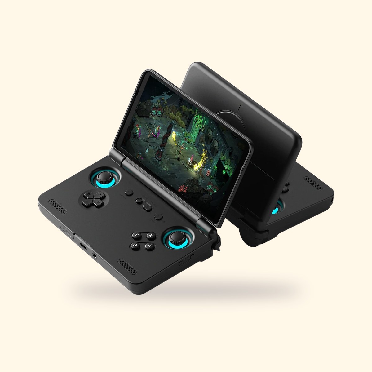 Deux consoles Retroid Pocket Flip 2 noires ouvertes, vues de face et de dos, sur fond crème