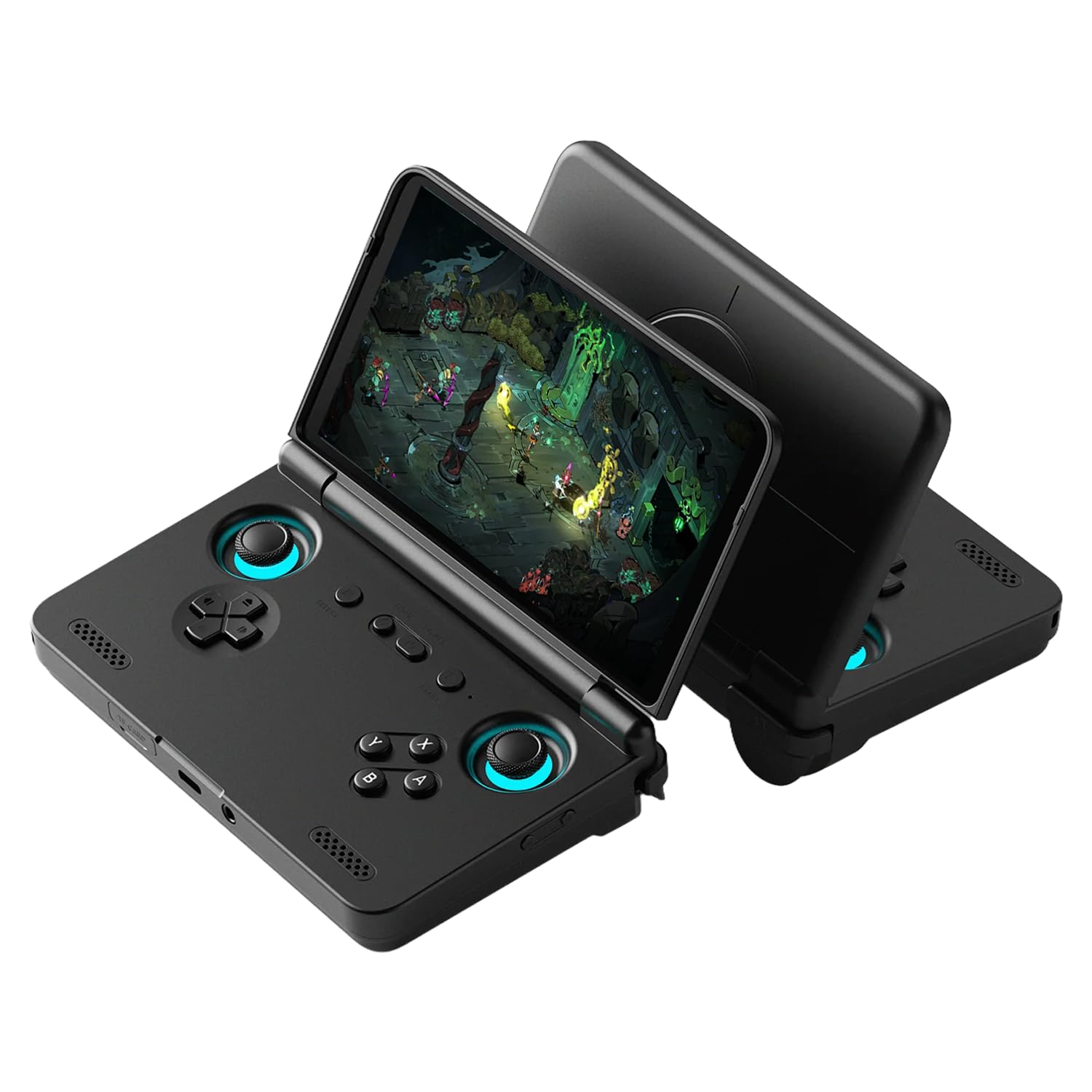 Deux Retroid Pocket Flip 2 noires ouvertes, lune de face avec un jeu à lécran, lautre vue de dos