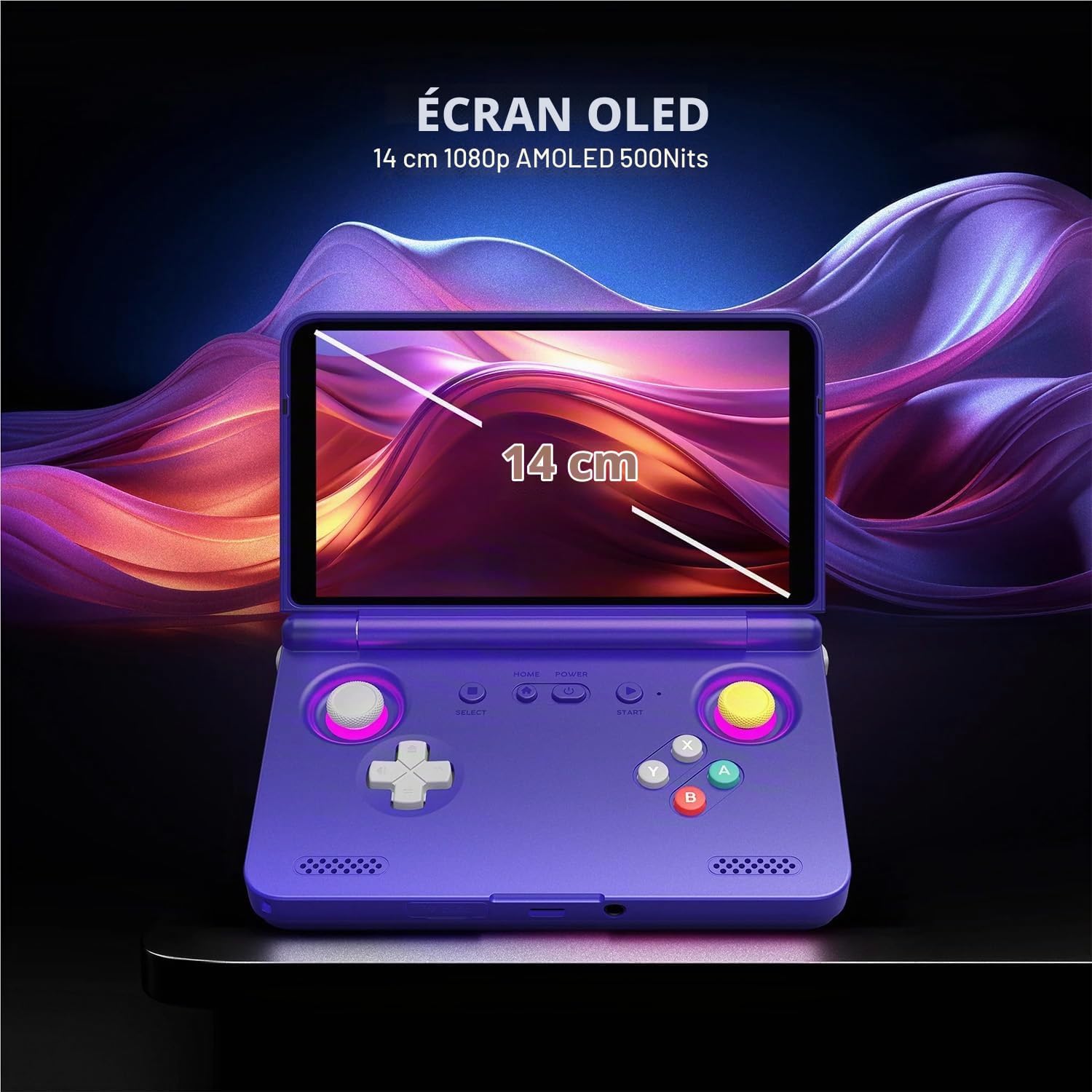 Visuel de lécran OLED de 14 cm de la Retroid Pocket Flip 2, sur une console violette