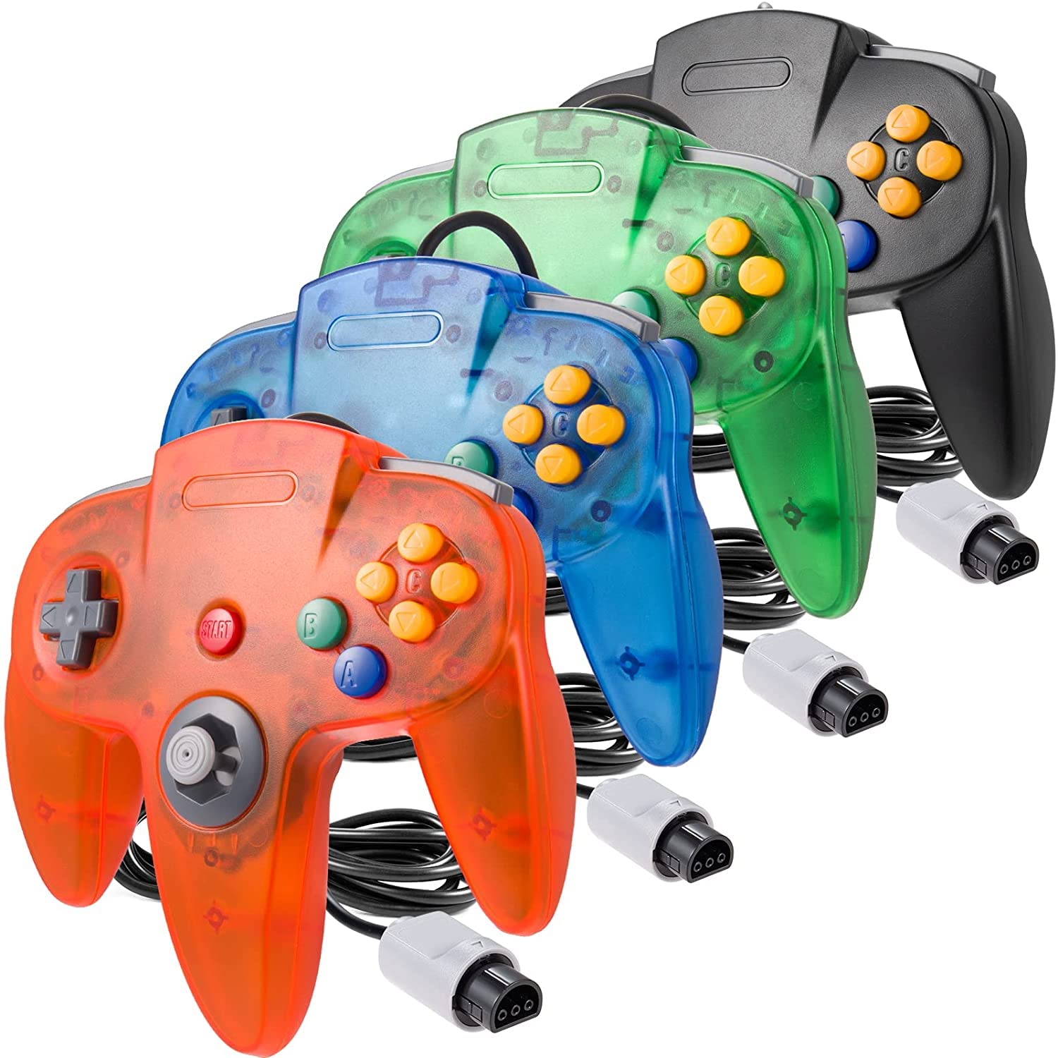 Lot de 4 manettes N64 miadore translucides orange, bleue, verte et noire