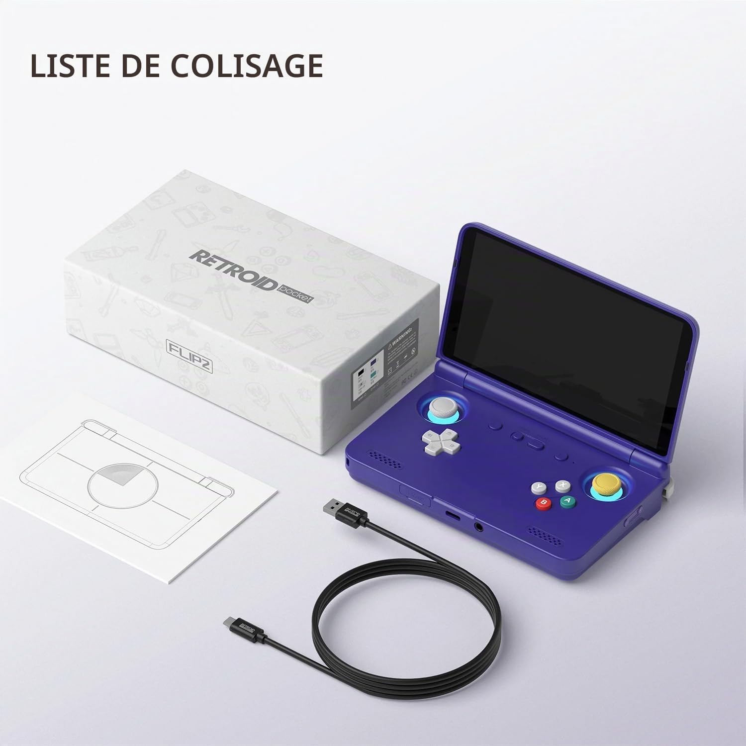 Contenu de la boîte : Retroid Pocket Flip 2 violette, câble USB et notice
