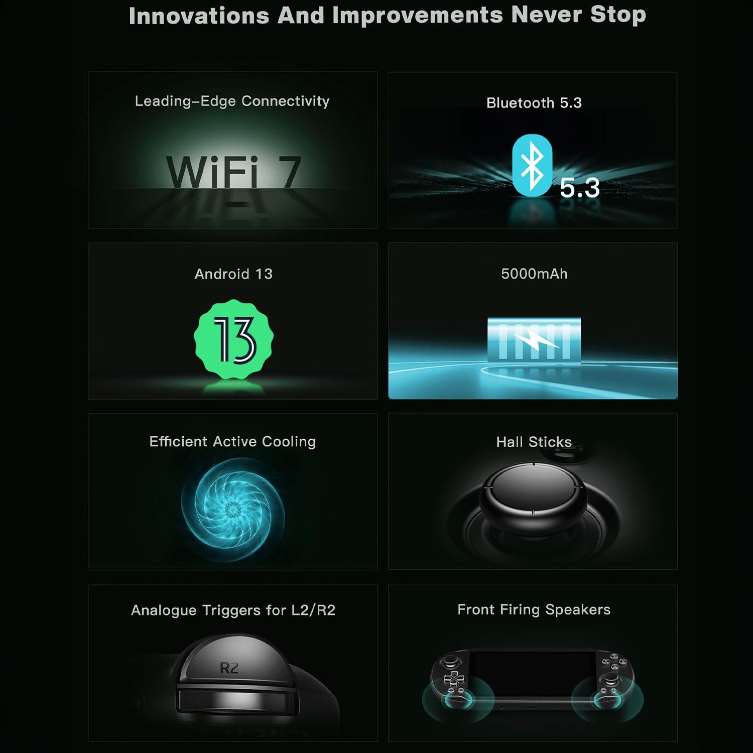 Visuel des fonctions : Wi-Fi 7, Bluetooth 5.3, refroidissement actif, sticks à effet Hall, gâchettes analogiques
