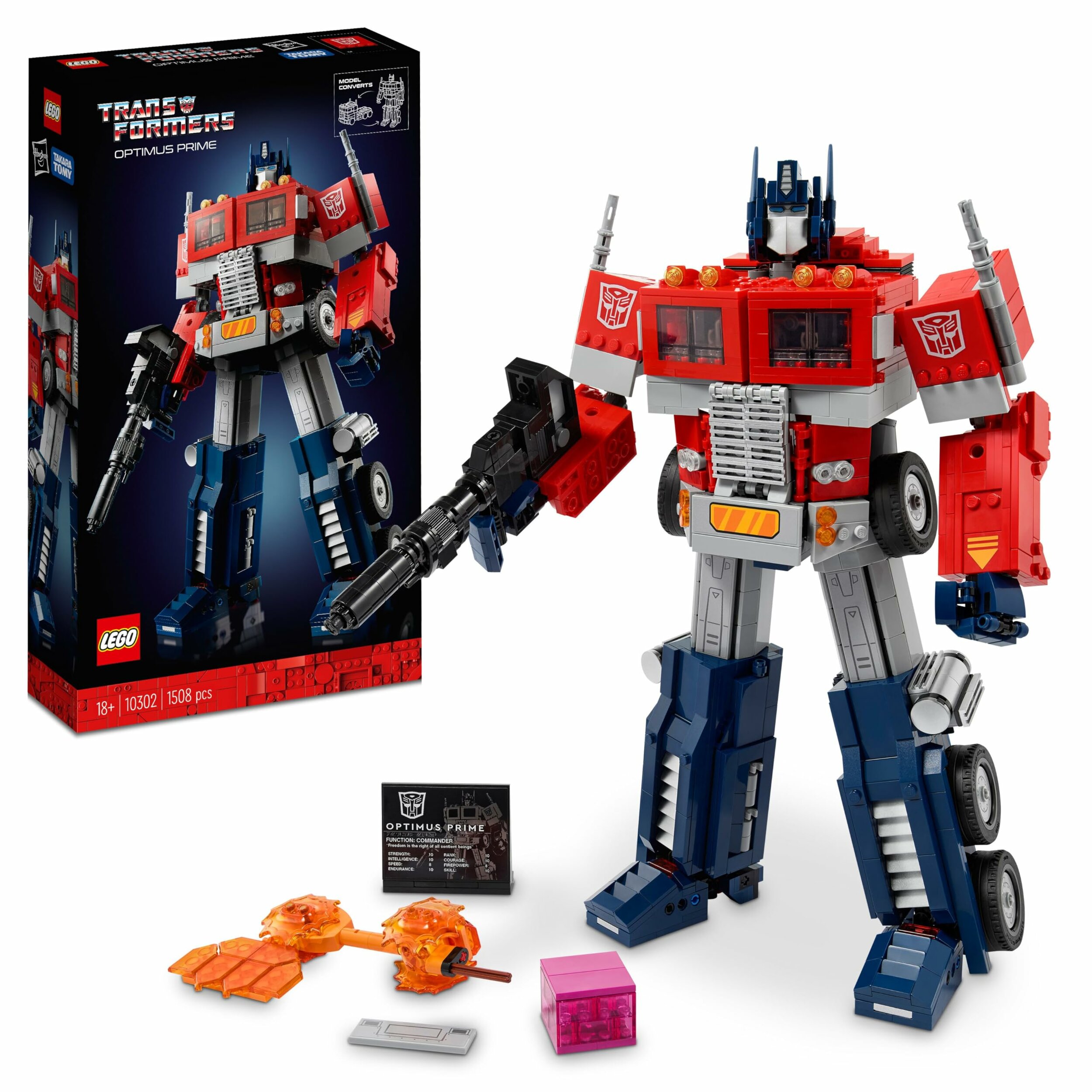 Boîte du LEGO Icons Optimus Prime 10302 et robot monté avec ses accessoires et sa plaque