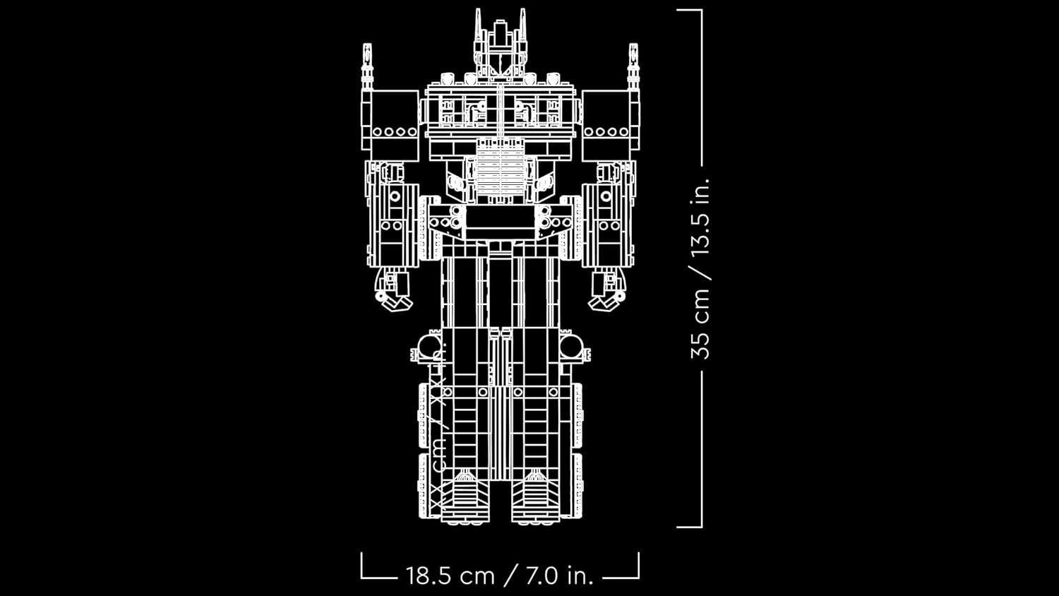 Schéma des dimensions dOptimus Prime en robot : 35 cm de haut et 18,5 cm de large
