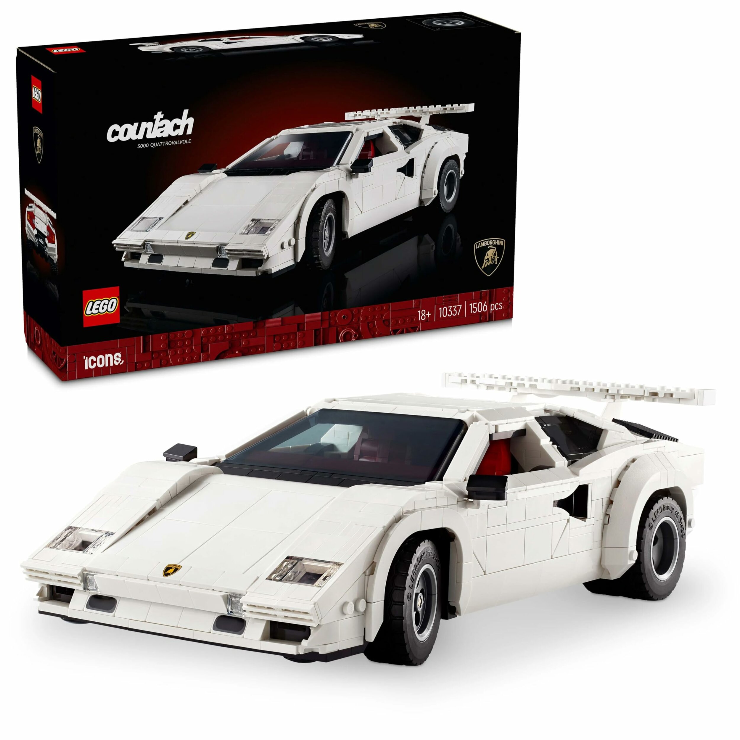 Boîte du LEGO Icons Lamborghini Countach 10337 et voiture blanche montée