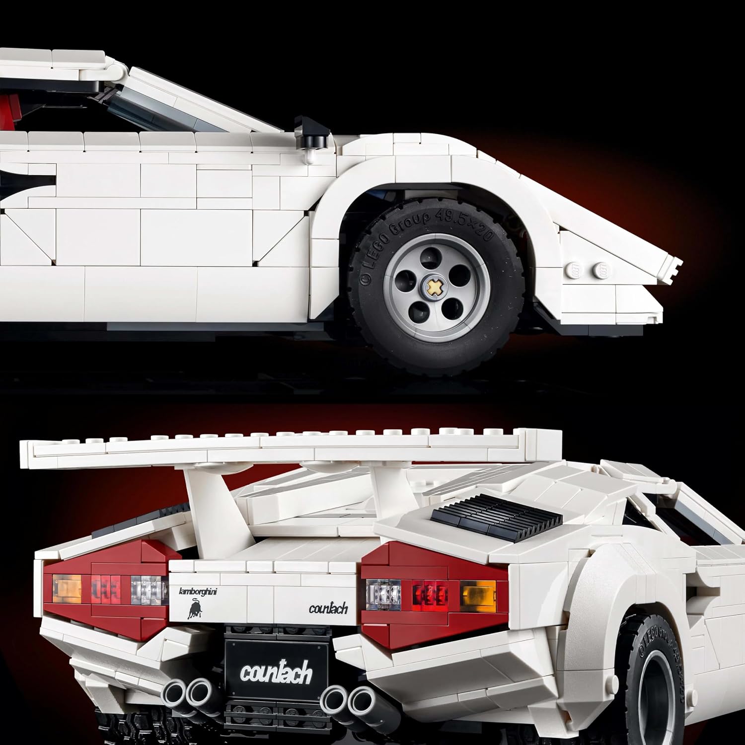 Gros plans sur la roue arrière et sur larrière de la Countach, avec aileron et quatre sorties