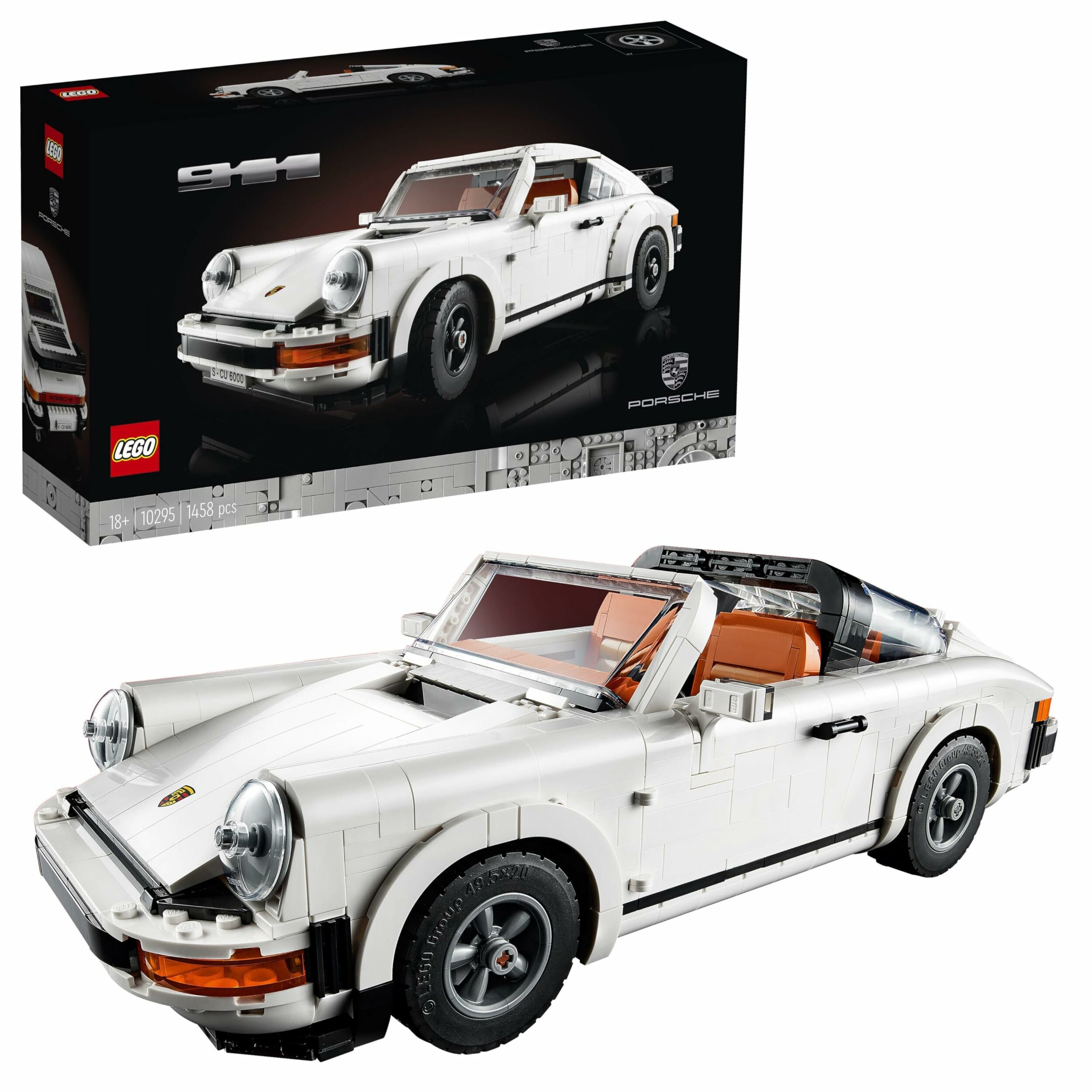 Boîte du LEGO Icons Porsche 911 10295 et 911 Targa blanche montée, toit retiré