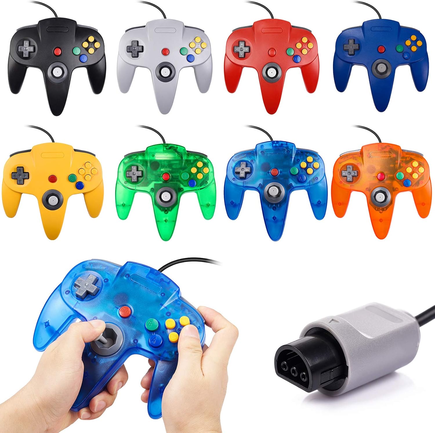 Les coloris des manettes N64 miadore et une manette tenue à deux mains