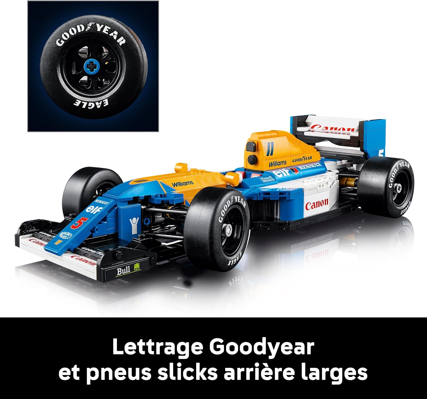 Williams FW14B LEGO sur fond blanc, avec un gros plan sur un pneu marqué Goodyear