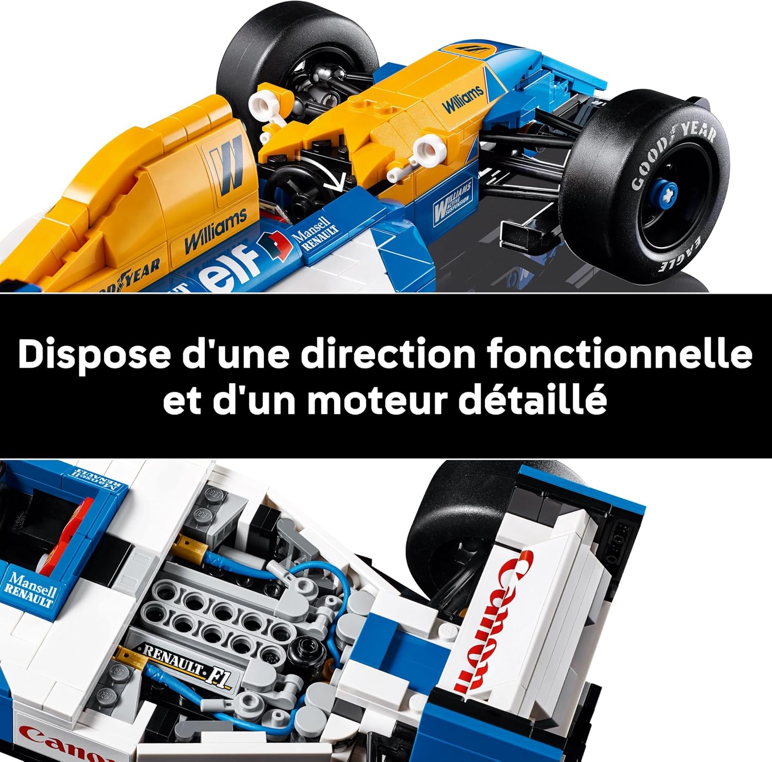 Gros plans sur le train avant et sur le moteur de la Williams FW14B LEGO