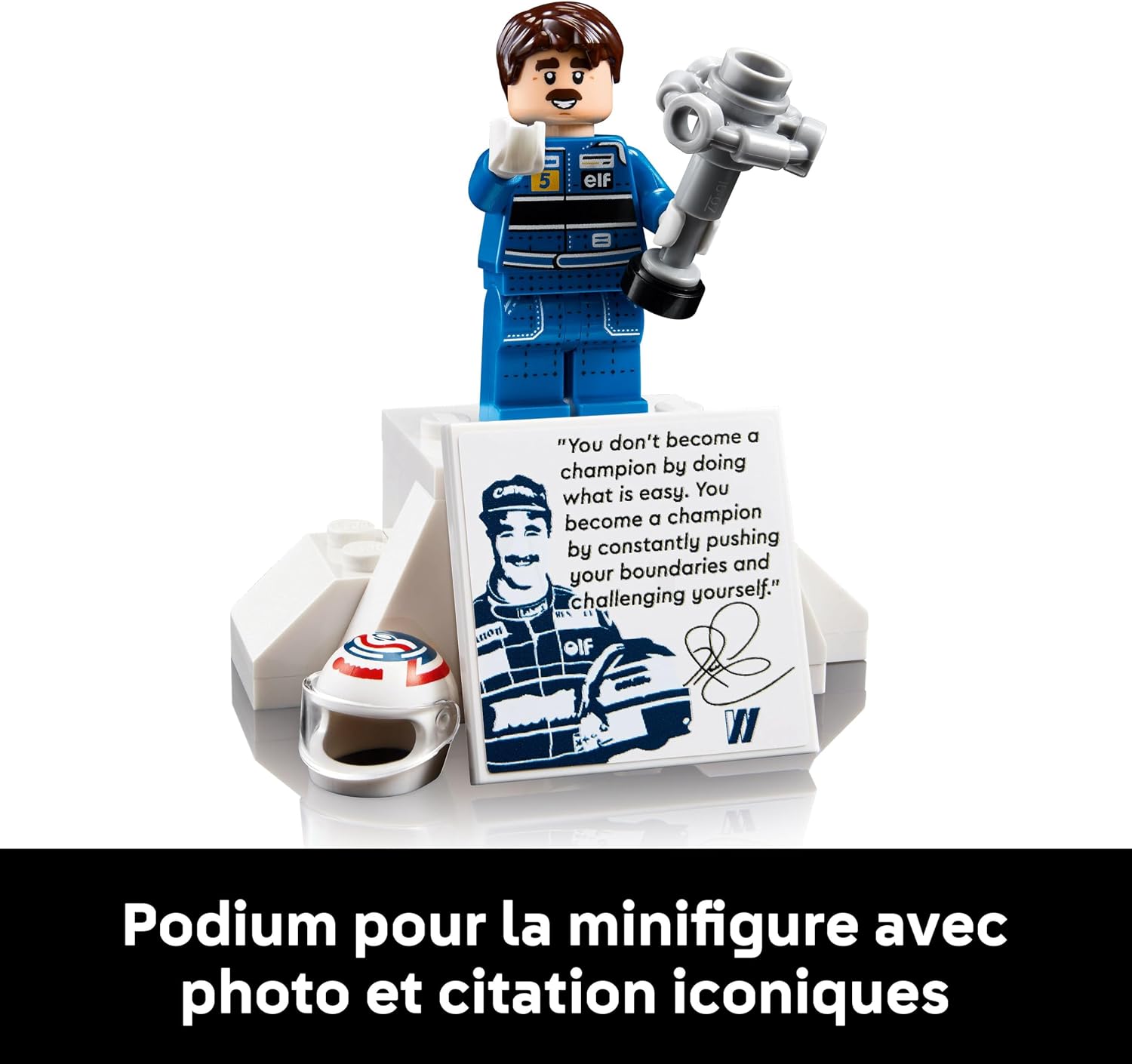 Minifigurine de Nigel Mansell avec trophée, casque et podium à photo et citation
