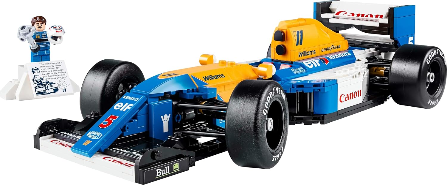 Williams FW14B LEGO et minifigurine de Nigel Mansell sur son podium, sur fond blanc