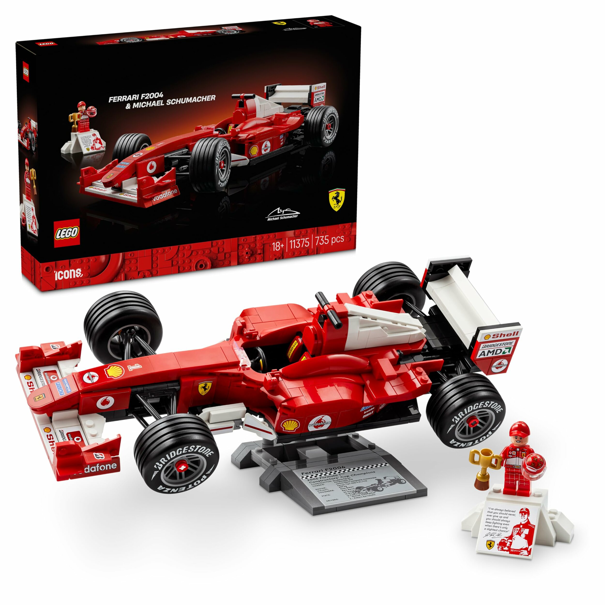 Boîte du LEGO Icons Ferrari F2004 11375, voiture sur présentoir et minifigurine de Schumacher
