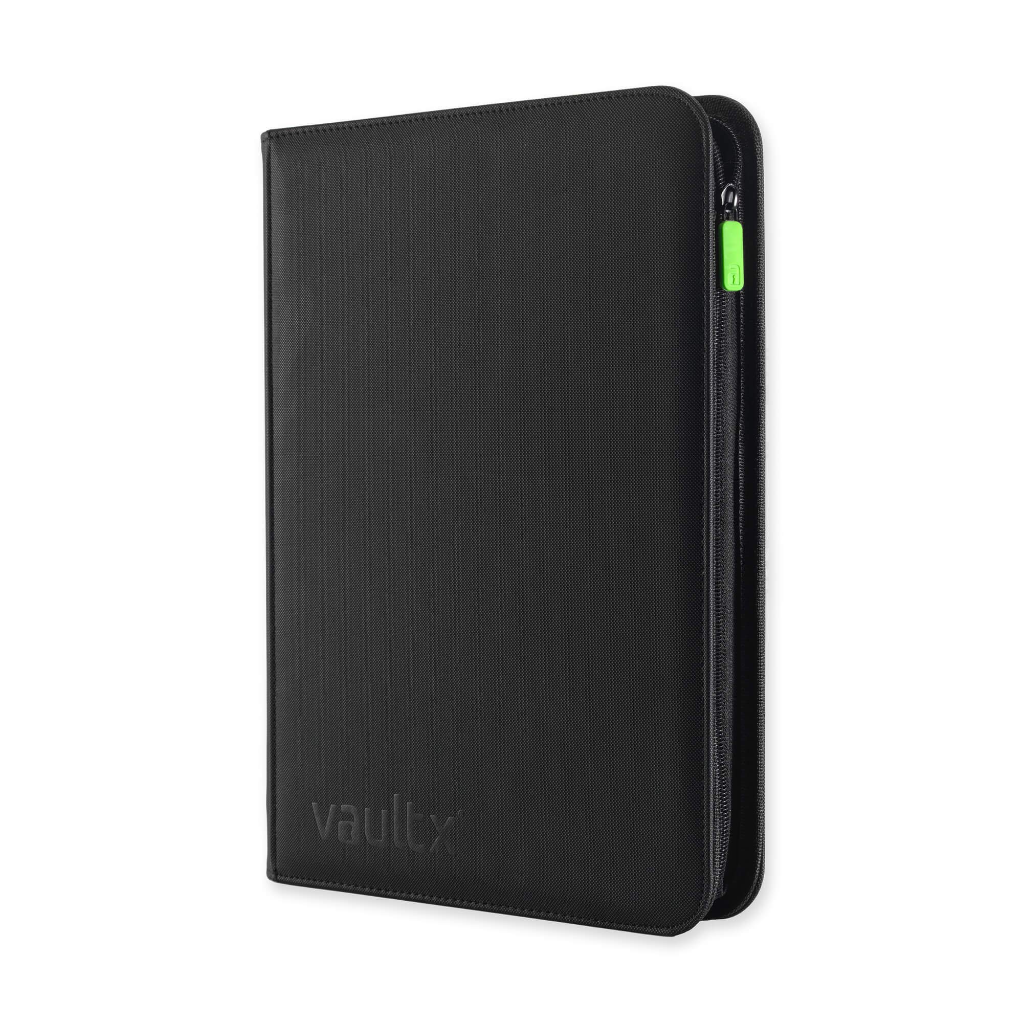 Classeur Vault X noir à 9 pochettes, fermé par sa fermeture éclair verte