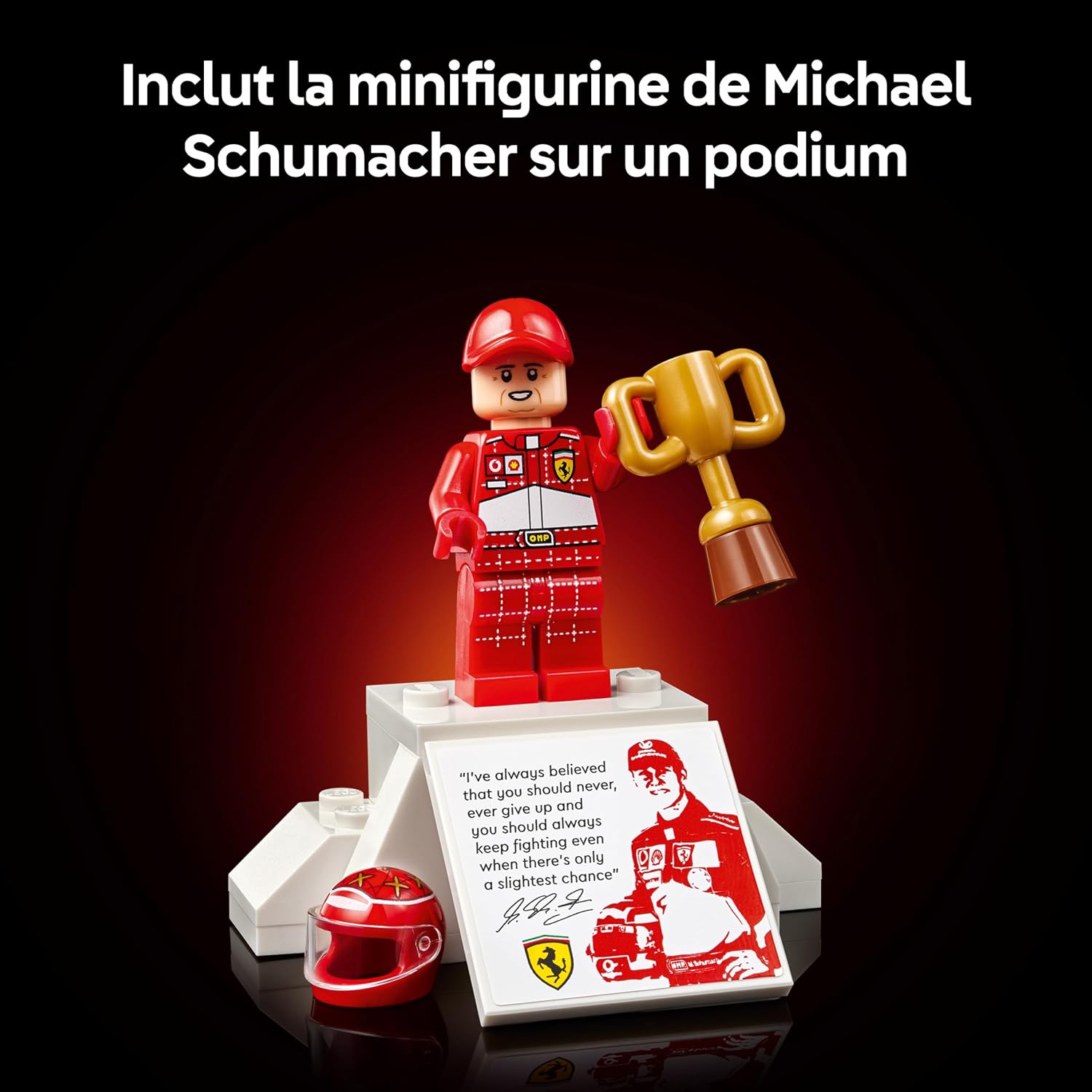 Minifigurine de Michael Schumacher avec trophée, casque et podium à photo et citation