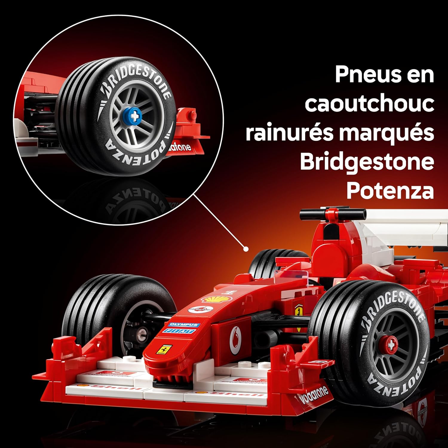 Gros plan sur un pneu rainuré marqué Bridgestone Potenza et sur lavant de la Ferrari