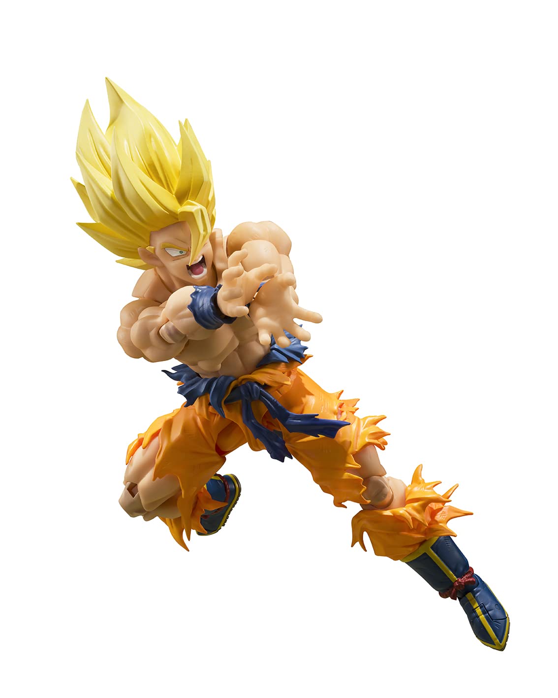Goku Super Saiyan torse nu, mains jointes sur le côté pour un Kamehameha, sur fond blanc