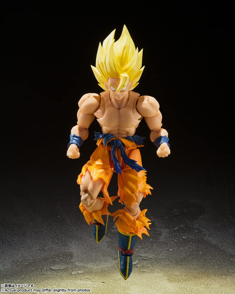 Goku de face, suspendu en lair, poings serrés, sur fond sombre