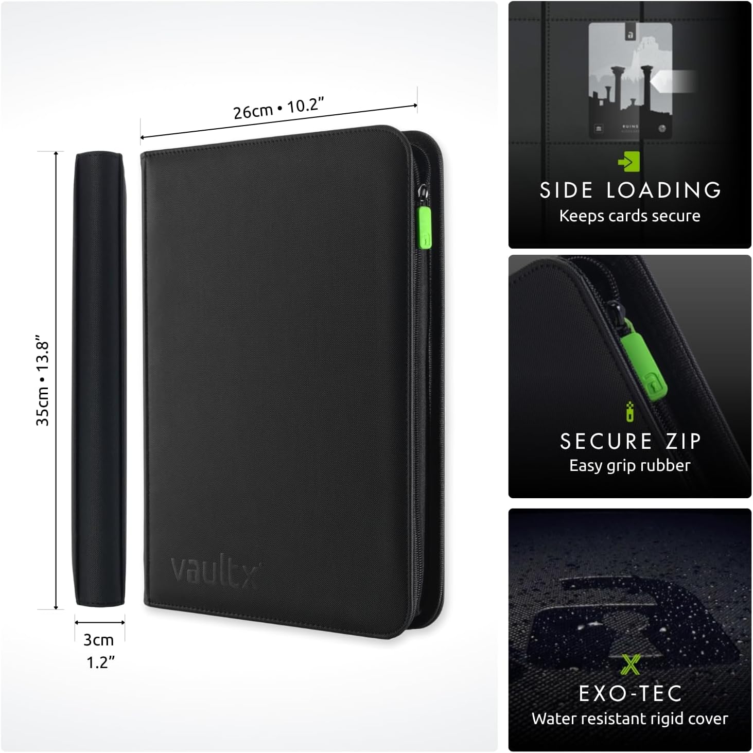 Dimensions du classeur Vault X : 35 x 26 x 3 cm, chargement latéral, zip, couverture Exo-Tec