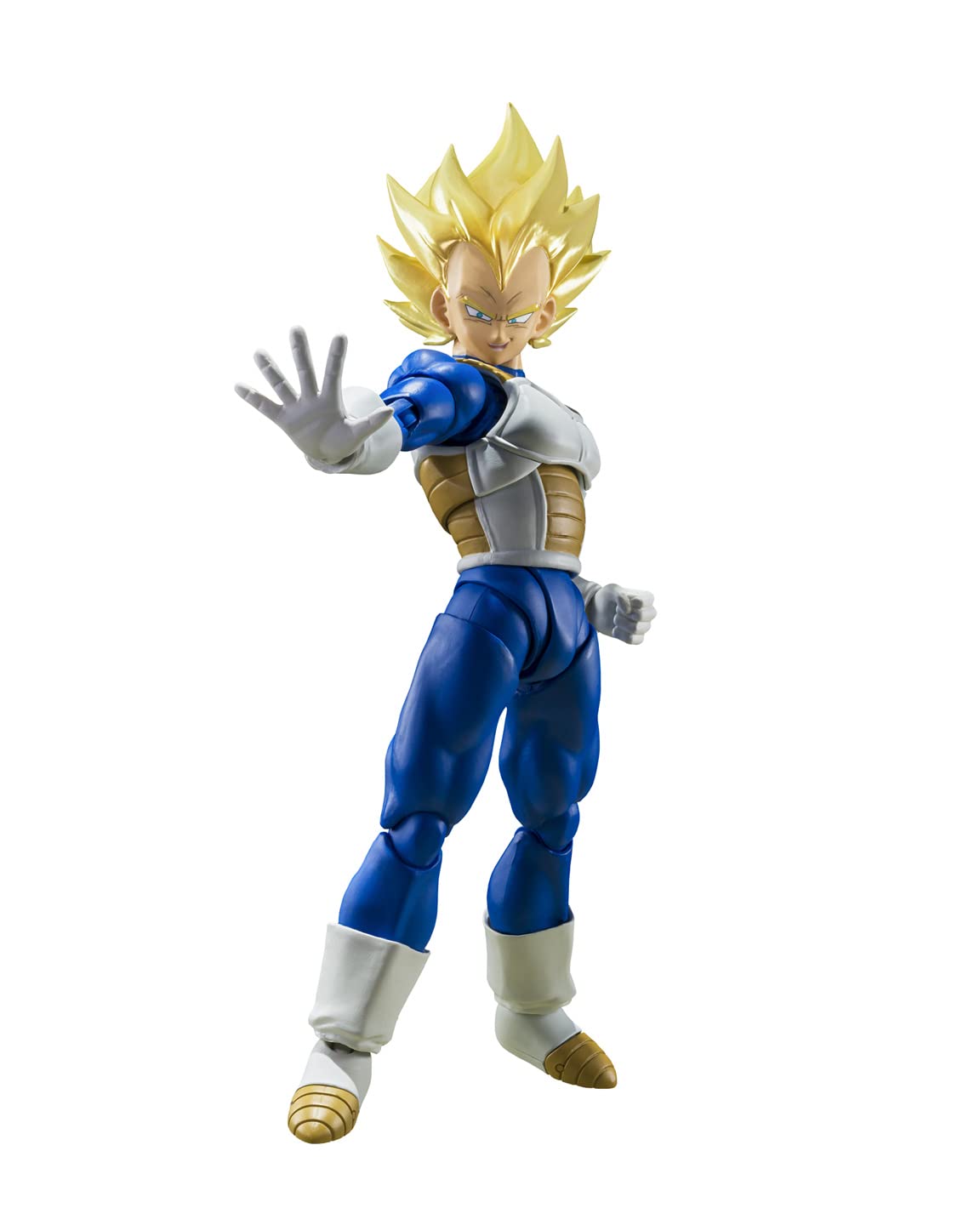 Vegeta Super Saiyan, une main tendue et ouverte, sur fond blanc