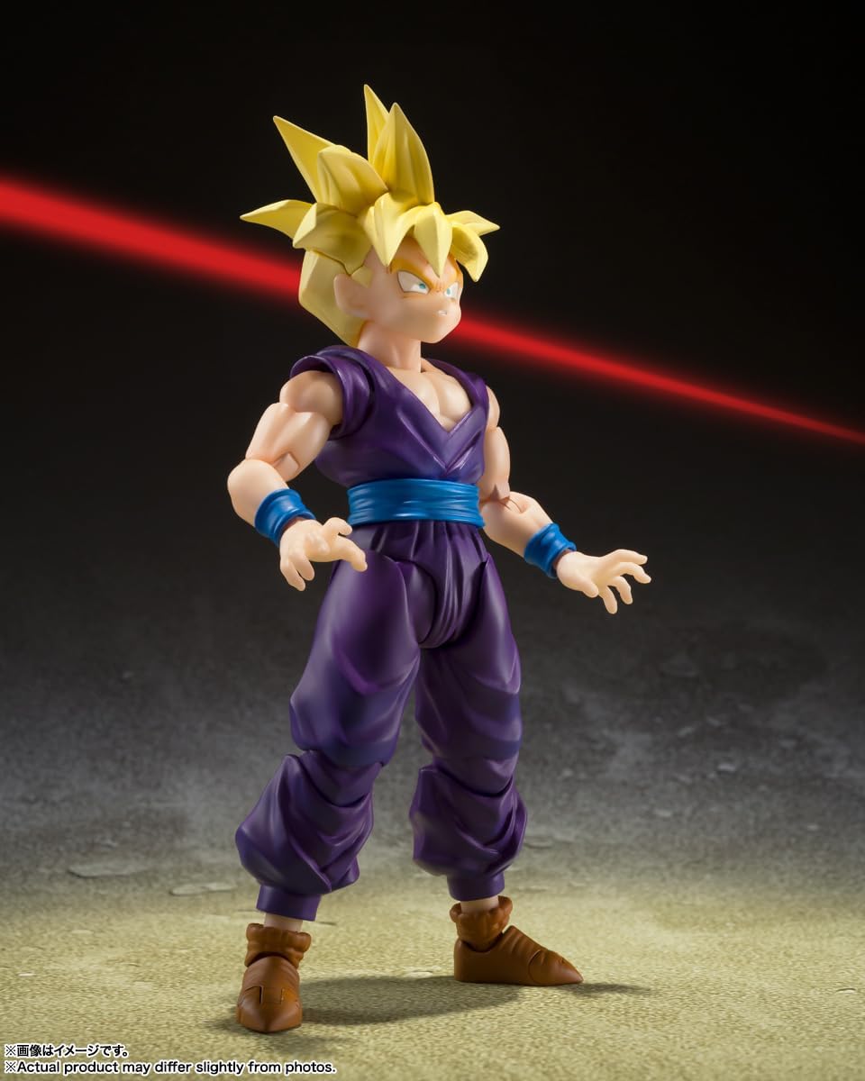 Gohan sans cape, un rayon rouge en arrière-plan, sur fond sombre
