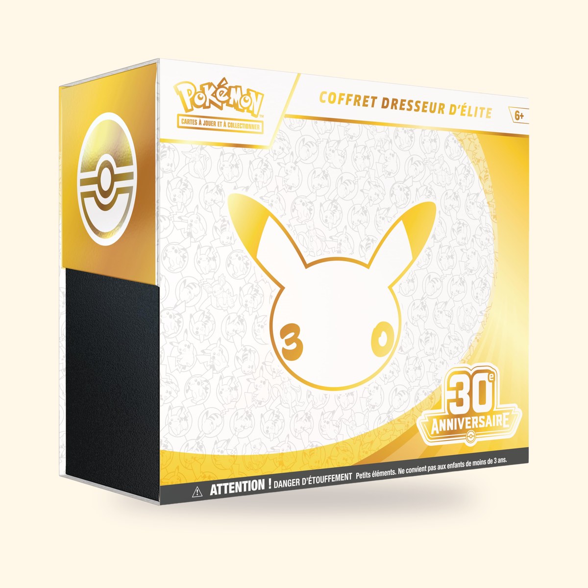 Coffret Dresseur délite Pokémon 30e Anniversaire, silhouette dorée de Pikachu, sur fond crème