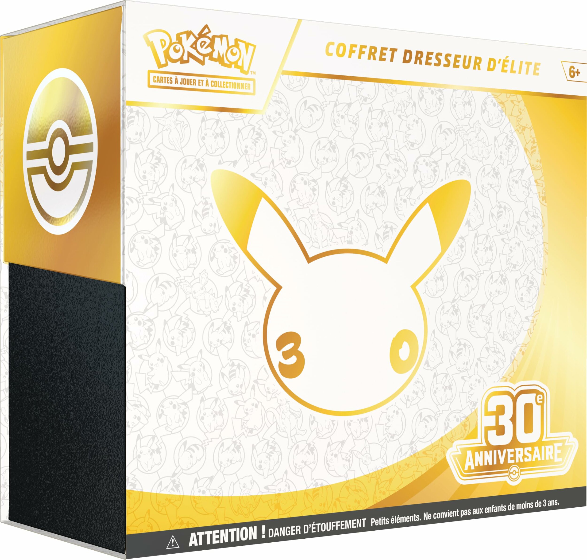 Coffret Dresseur délite Pokémon 30e Anniversaire vu de trois quarts, silhouette dorée de Pikachu sur le couvercle