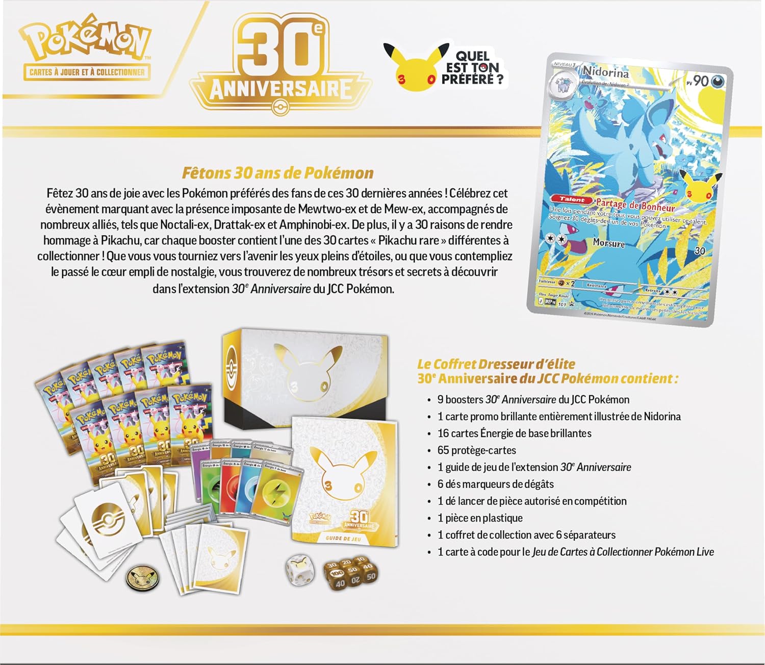 Dos du coffret : présentation de lextension, carte Nidorina et liste du contenu en français
