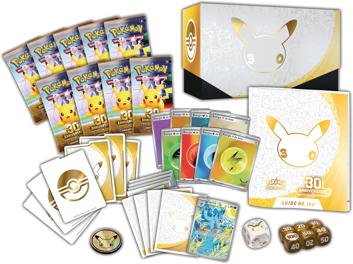 Contenu étalé : 9 boosters, cartes Énergie, séparateurs, protège-cartes, carte Nidorina, guide, dés et pièce