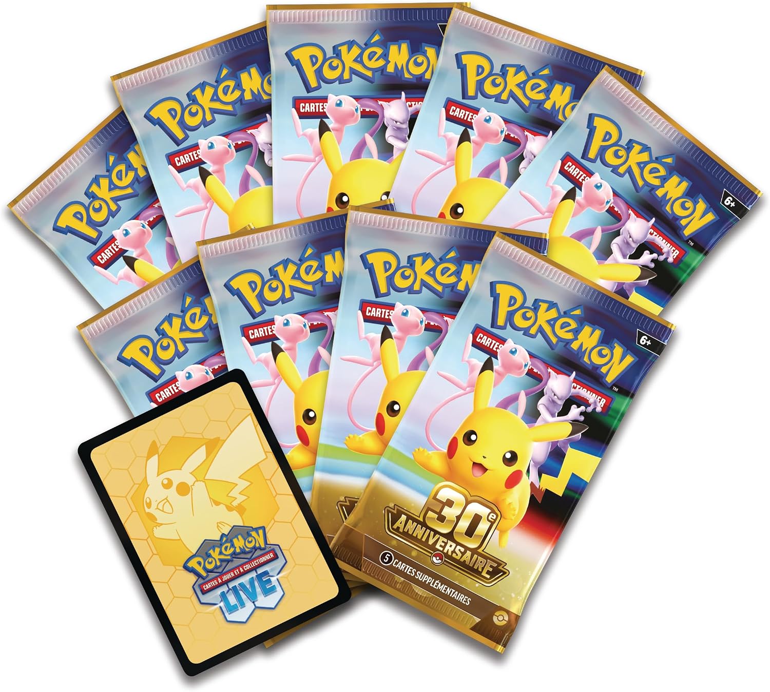 Les 9 boosters 30e Anniversaire illustrés de Pikachu, Mew et Mewtwo, et la carte à code JCC Pokémon Live