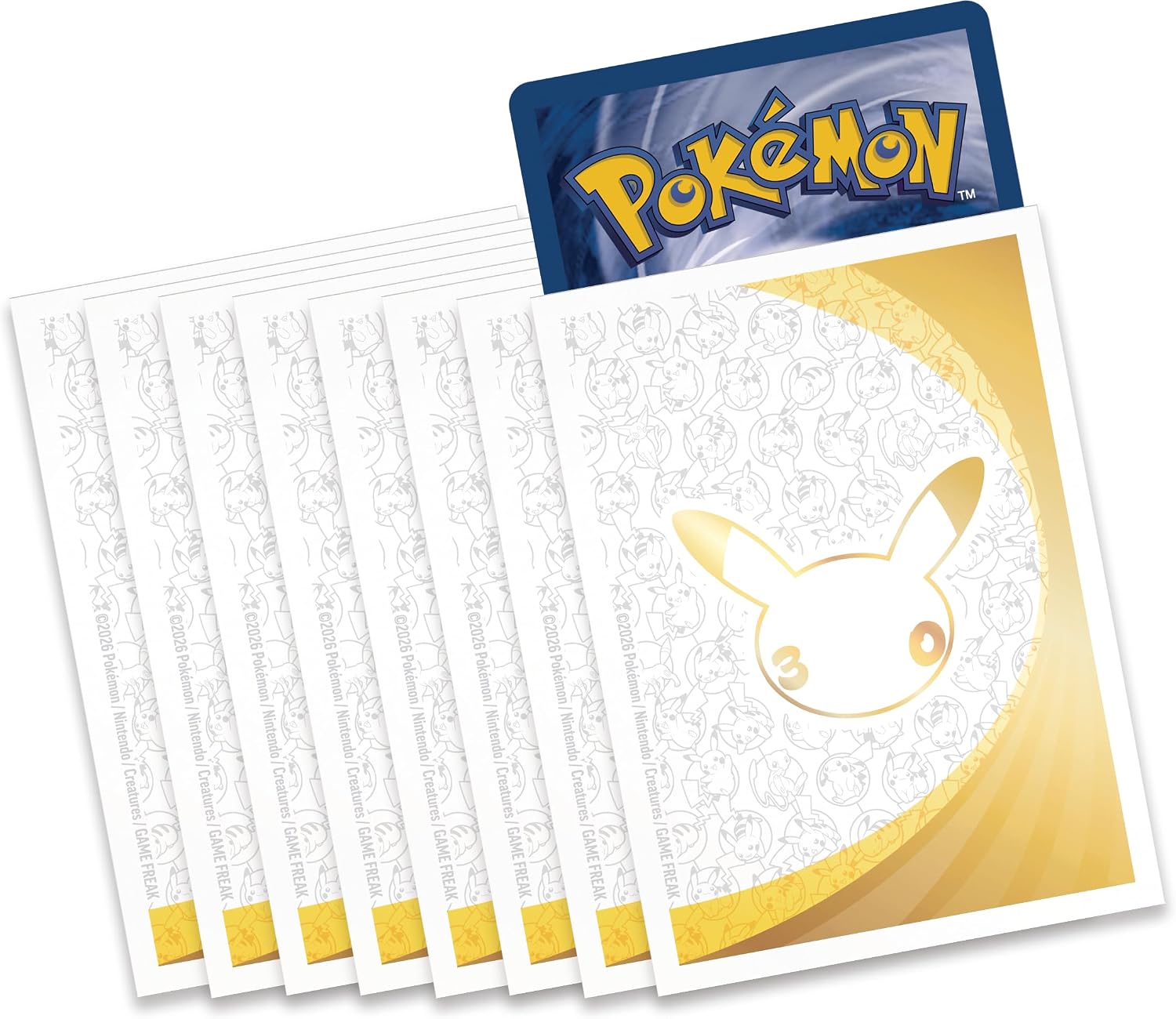 Protège-cartes blancs et dorés à la silhouette de Pikachu, devant un dos de carte Pokémon