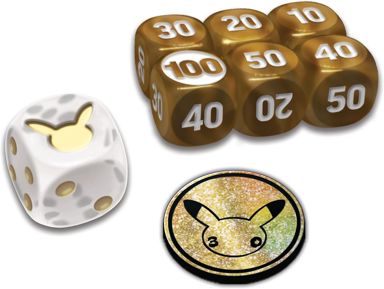 Six dés de dégâts dorés, dé blanc à tête de Pikachu et pièce dorée