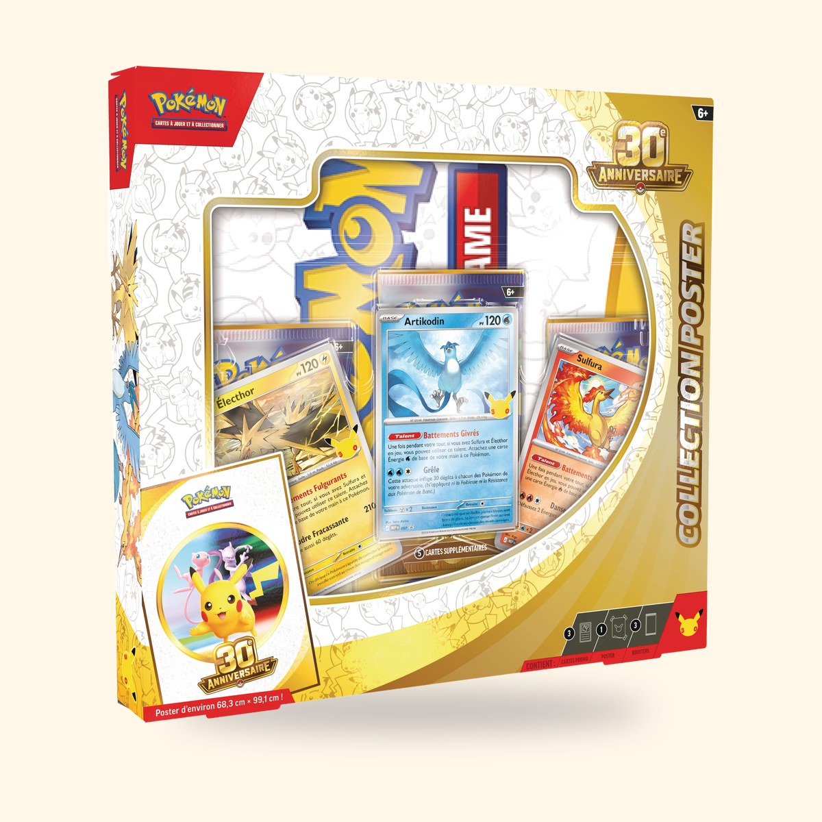 Collection Poster Pokémon 30e Anniversaire avec Artikodin, Électhor et Sulfura, sur fond crème