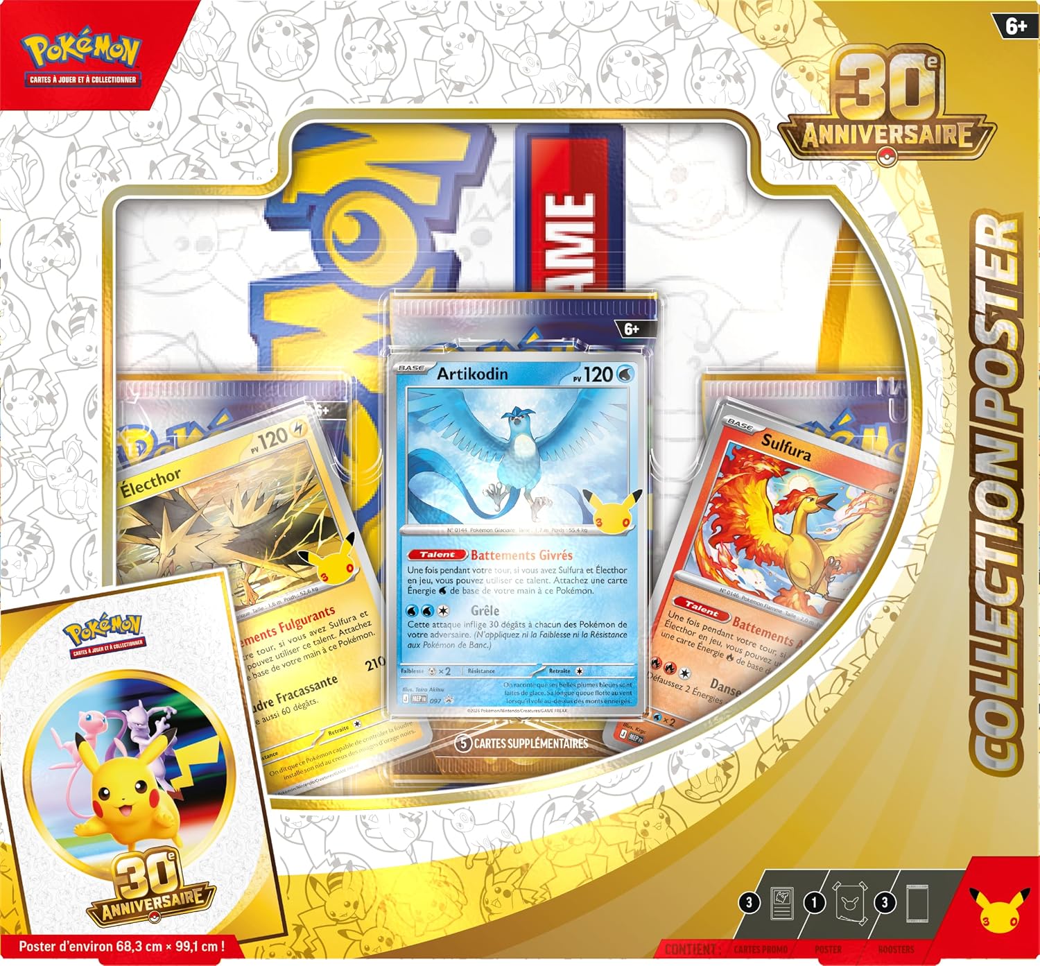 Face avant de la boîte avec les trois cartes promo et le poster plié à leffigie de Pikachu