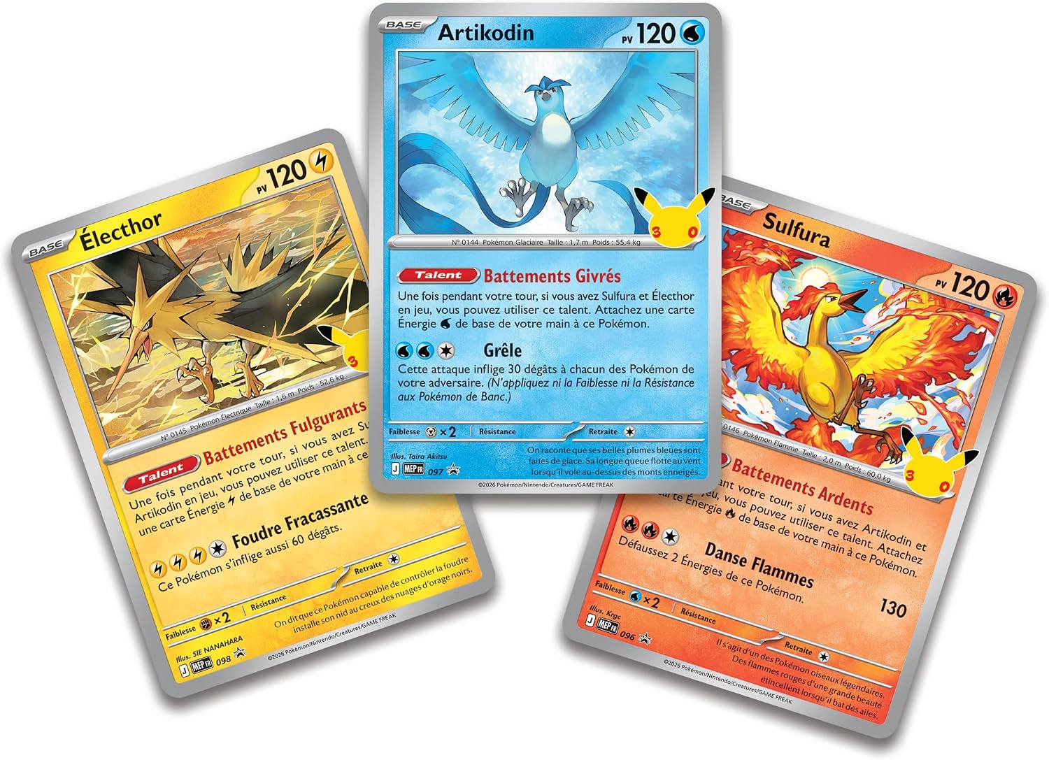 Les trois cartes promo brillantes Électhor, Artikodin et Sulfura