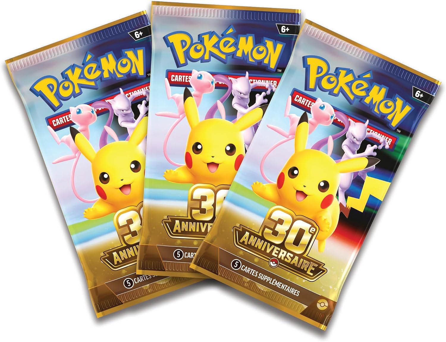 Les trois boosters 30e Anniversaire illustrés de Pikachu