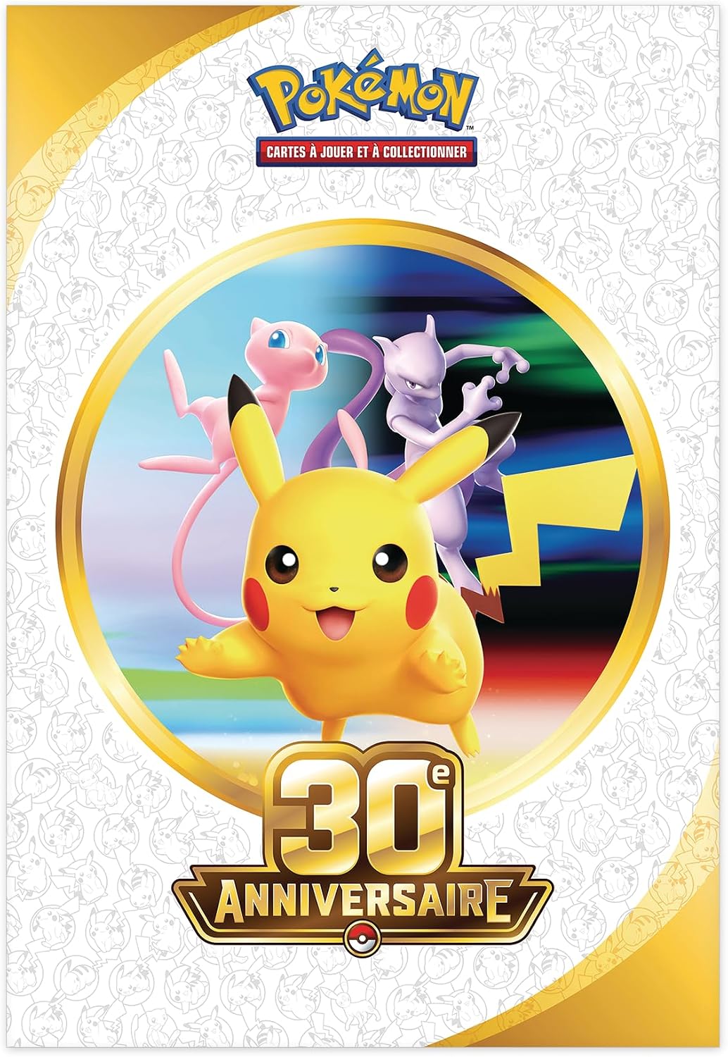 Le poster plié : Pikachu, Mew et Mewtwo sous le logo 30e Anniversaire