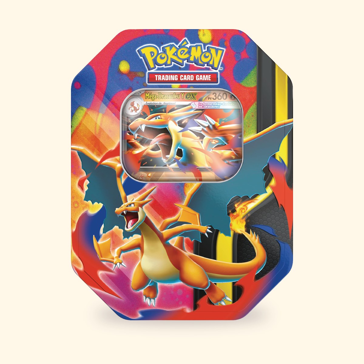 Boîte en métal Pokémon Méga-Dracaufeu Y-ex, carte promo visible au centre, sur fond crème
