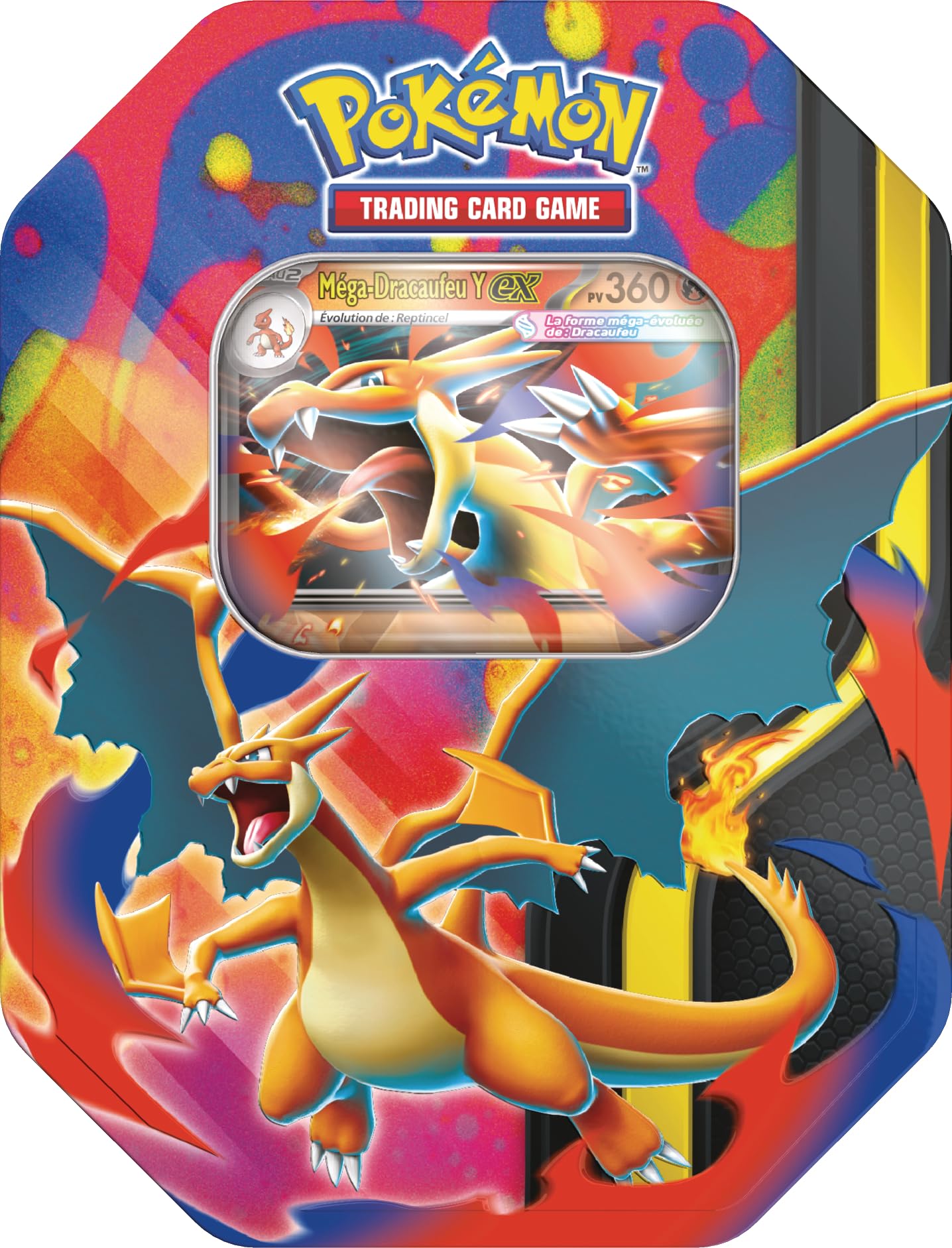 Boîte en métal Méga-Dracaufeu Y-ex vue de face, carte promo au centre du couvercle